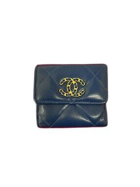 Chanel Quilted CC Logo Lambskin Bifold Wallet Mini Blue